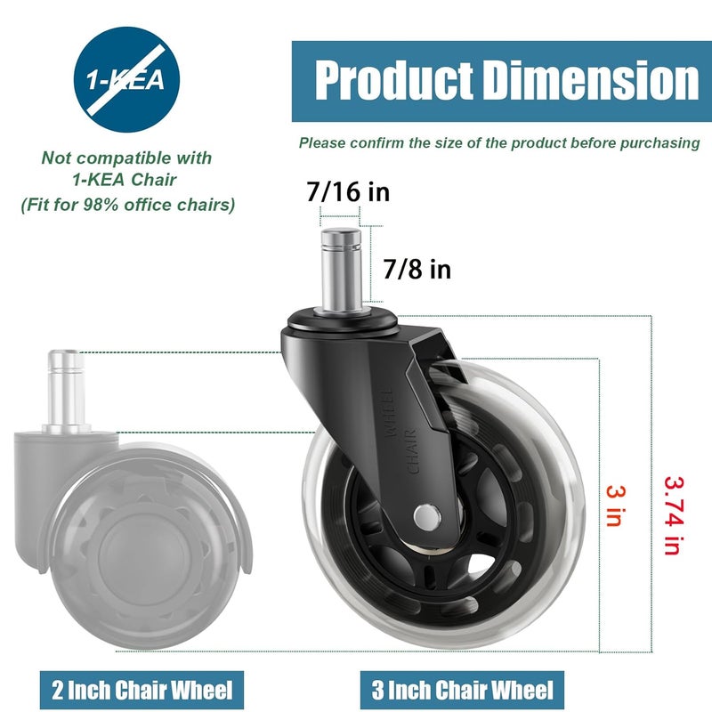 TESUMI Office Chair Wheels 3" Inch Roller Blade Rubber Chair Caster Wheels Replacement, 11mm Universal Fit Stem, Heavy Duty Gaming Computer Desk Chair Wheels for Hardwood Floor Carpet - Set of 5 - Image 3